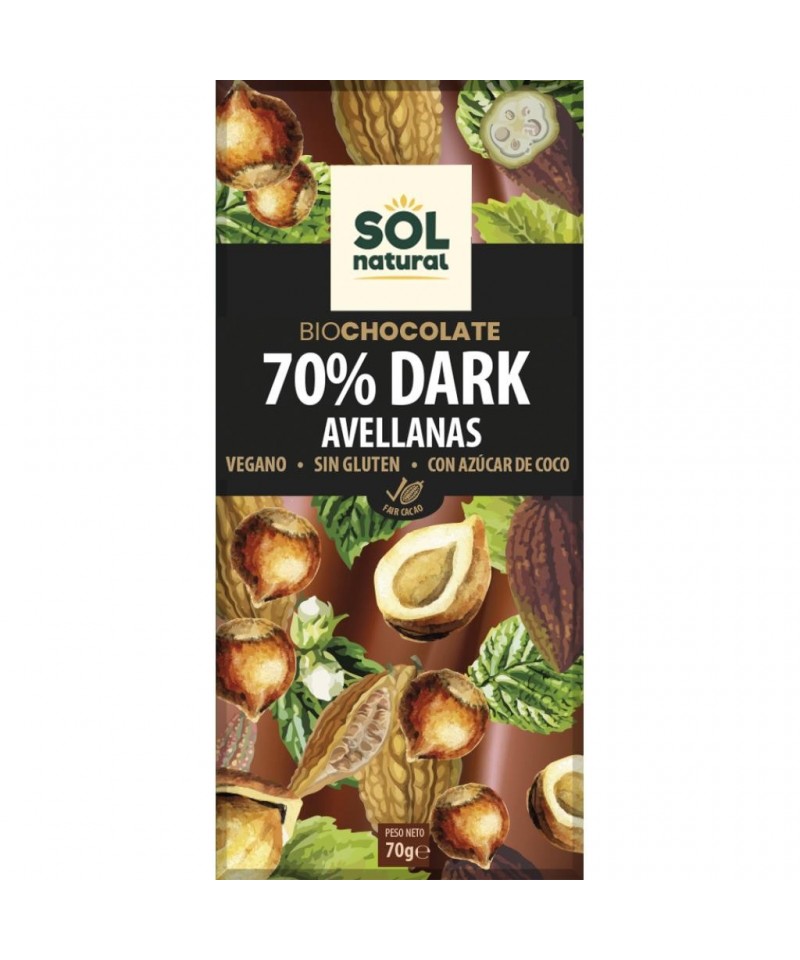 Chocolate 70% dark avellanas SOL NATURAL 70 gr BIO