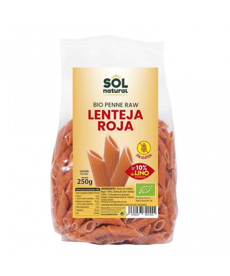 Macarron lenteja roja con lino sin gluten SOL NATURAL 250 gr BIO